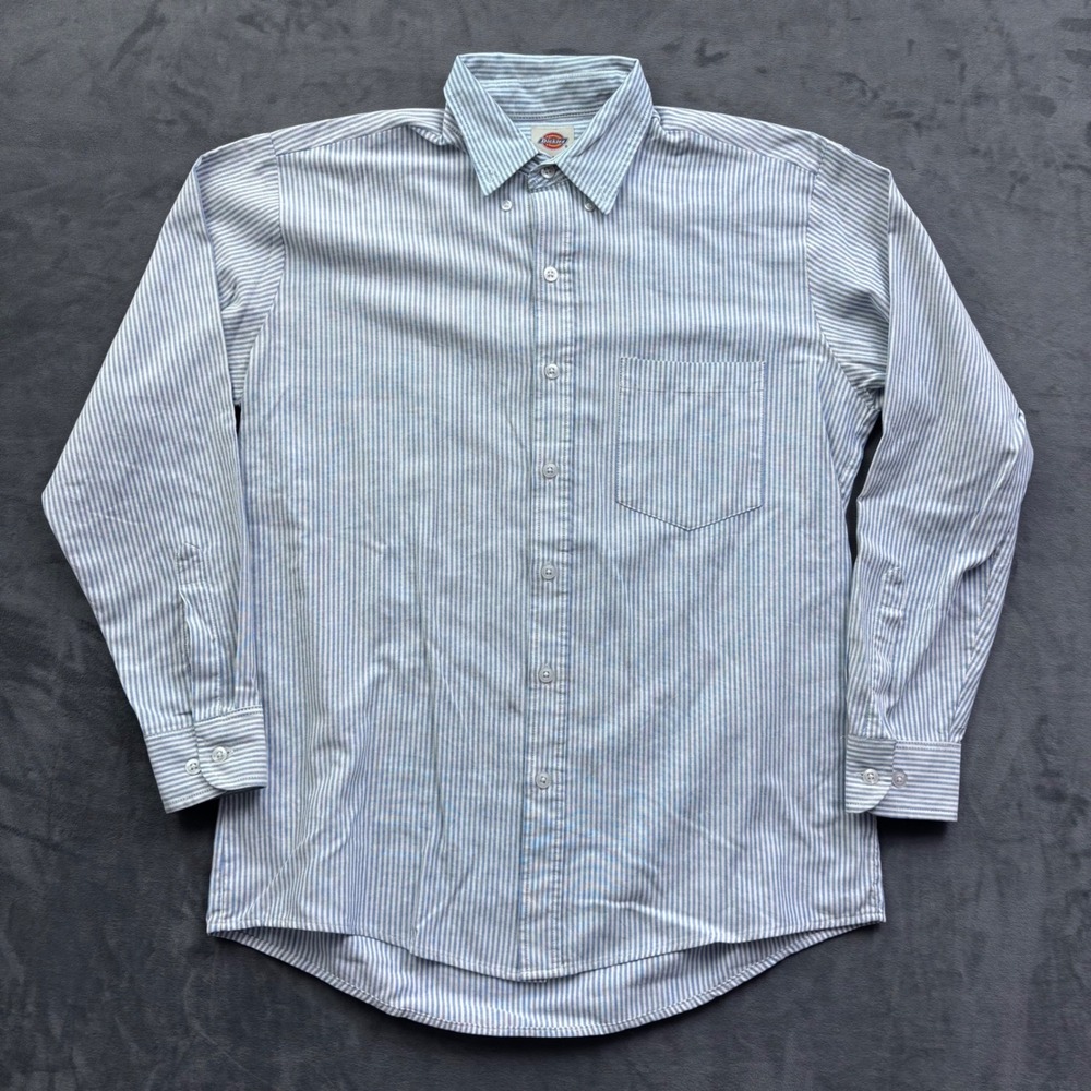Dickies Mens Striped Button Down Oxford Work Shirt Blue White Size 15-15.5 M
